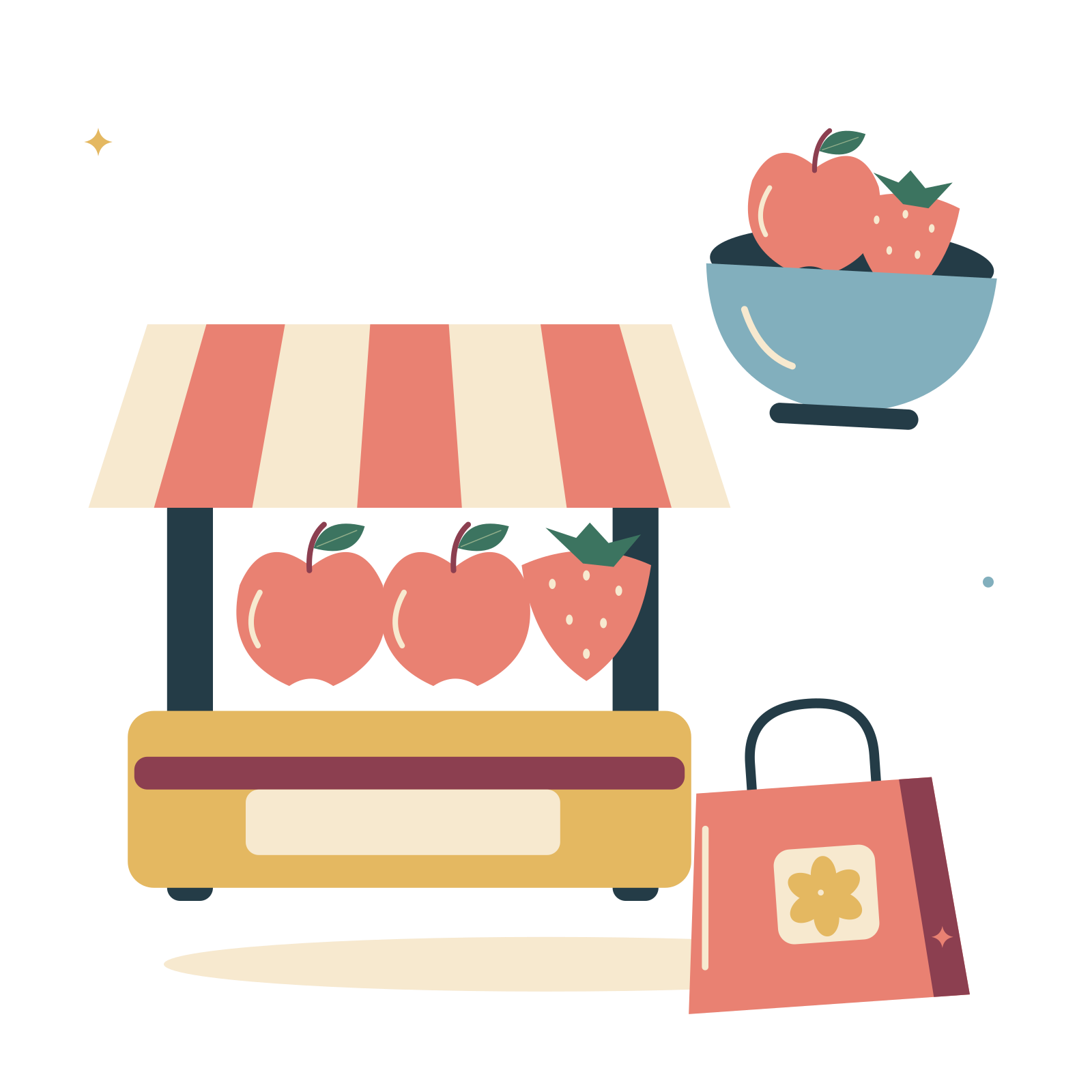Local market morning with fruit and little shopping bag.