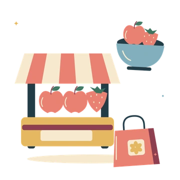 Local market morning with fruit and little shopping bag.