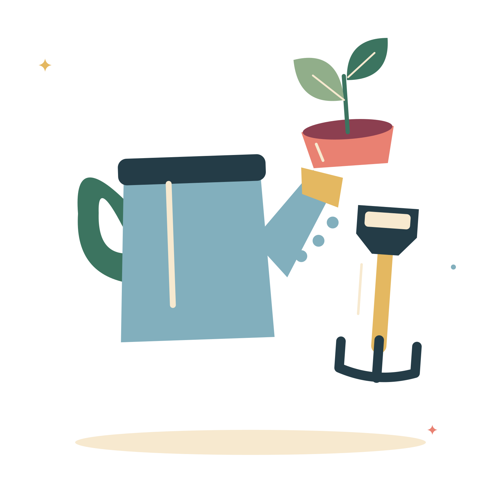 Shared garden with watering can and a little fork.