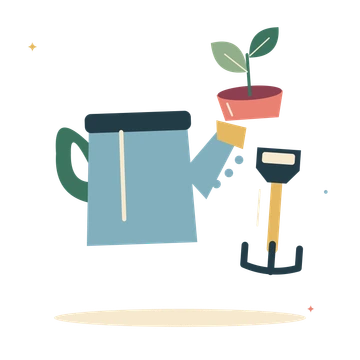 Shared garden with watering can and a little fork.