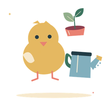 Spring garden with a chick and watering can.