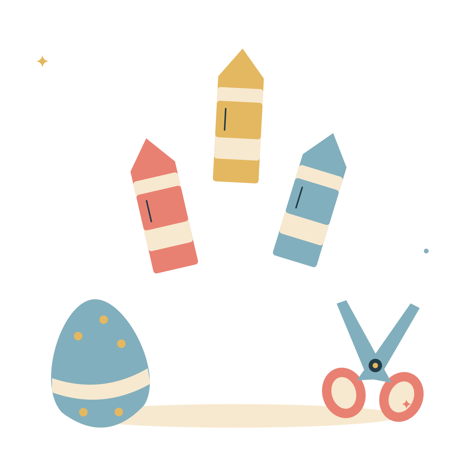 Easter craft table with crayons and a decorated egg.