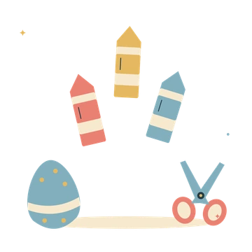 Easter craft table with crayons and a decorated egg.
