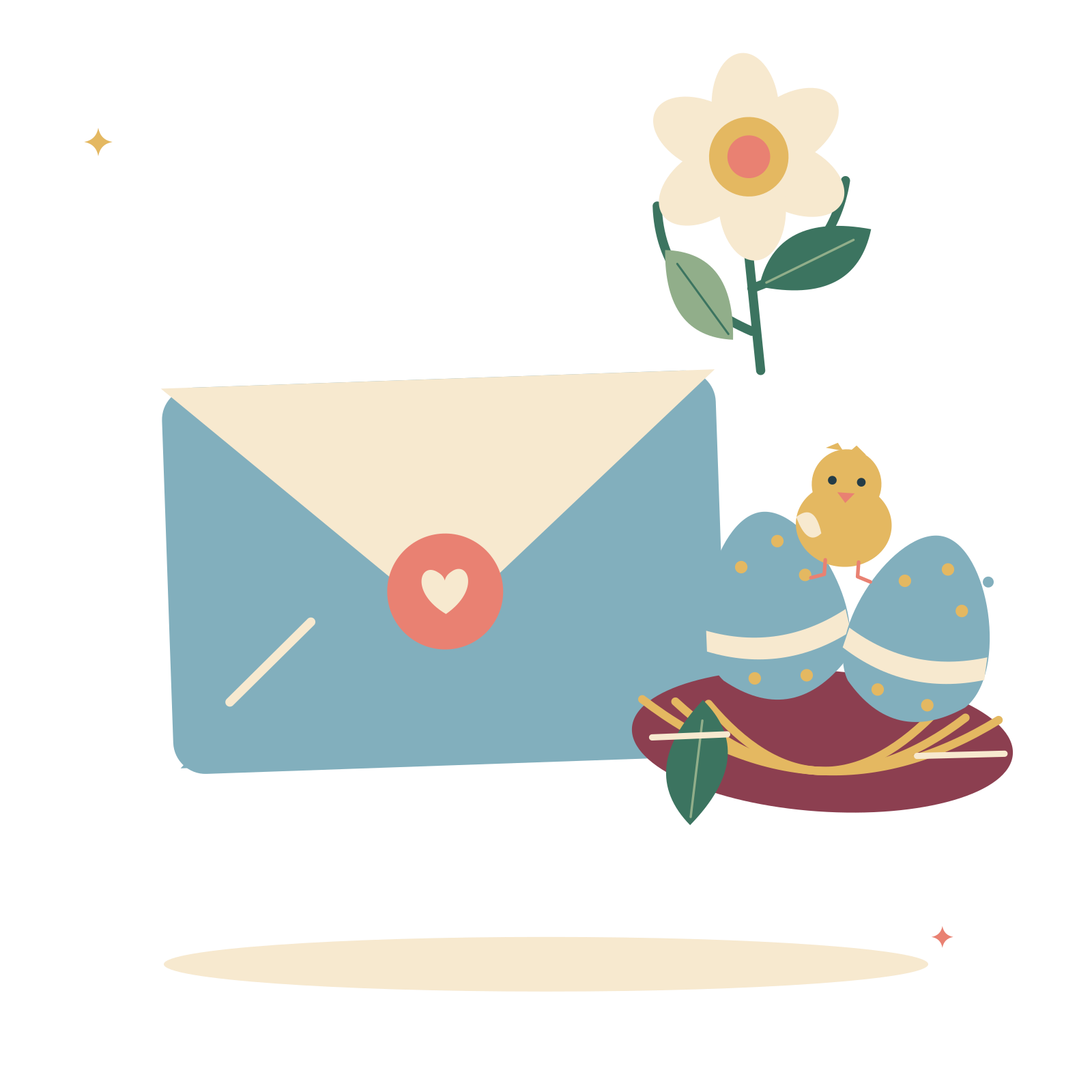 Easter greetings with flowers and a nesting bird.