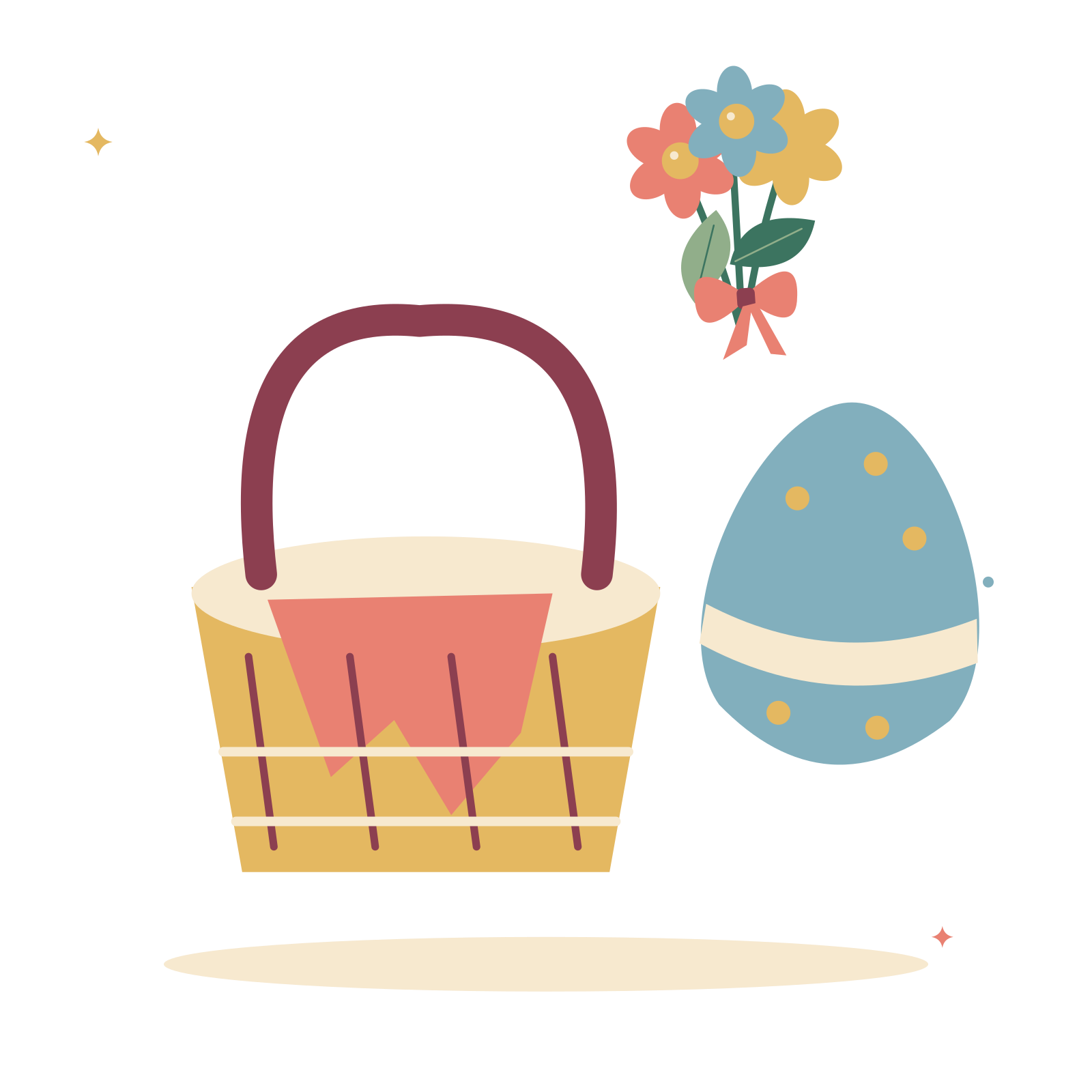 Spring picnic with eggs and fresh flowers.
