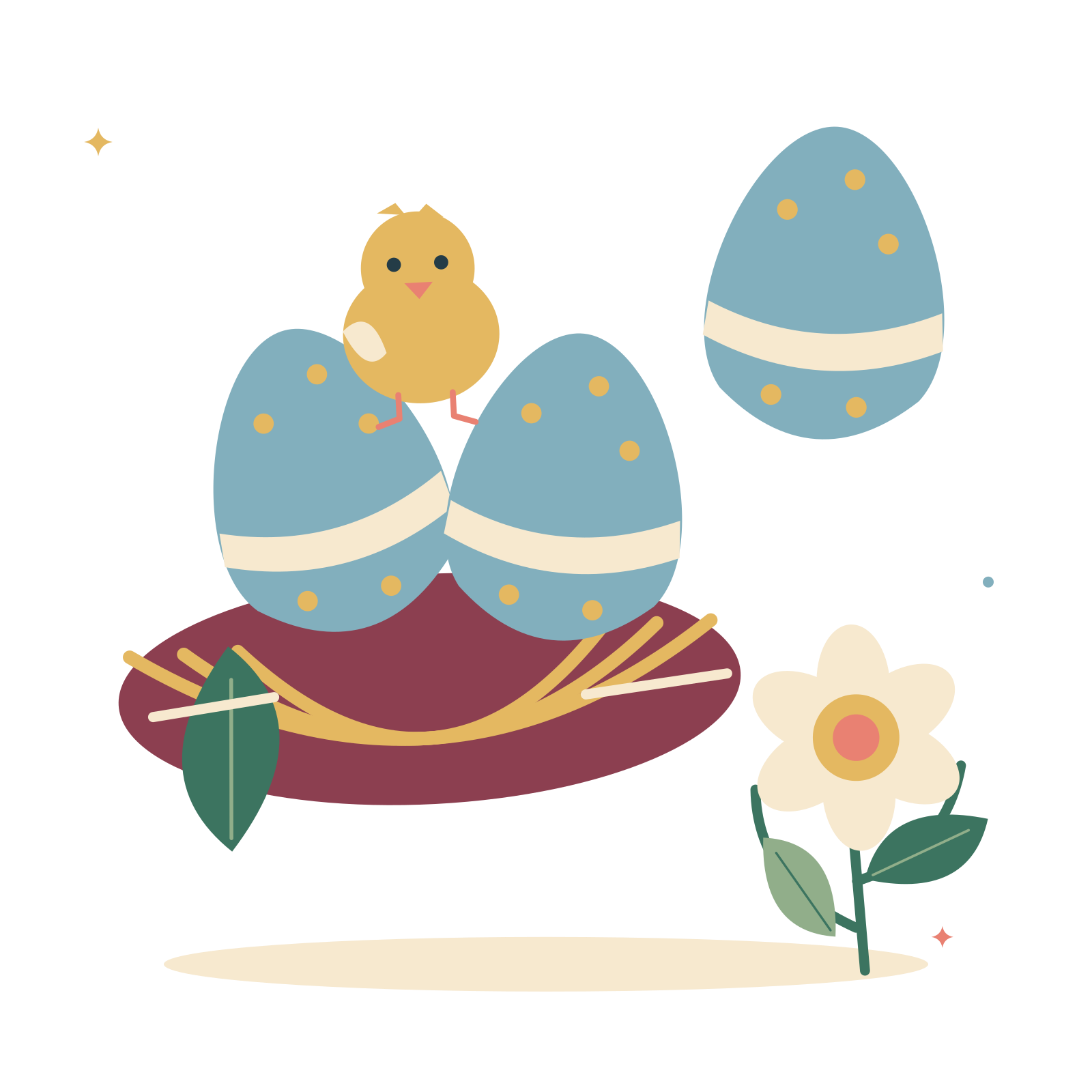 Spring nest with Easter eggs and a daffodil.