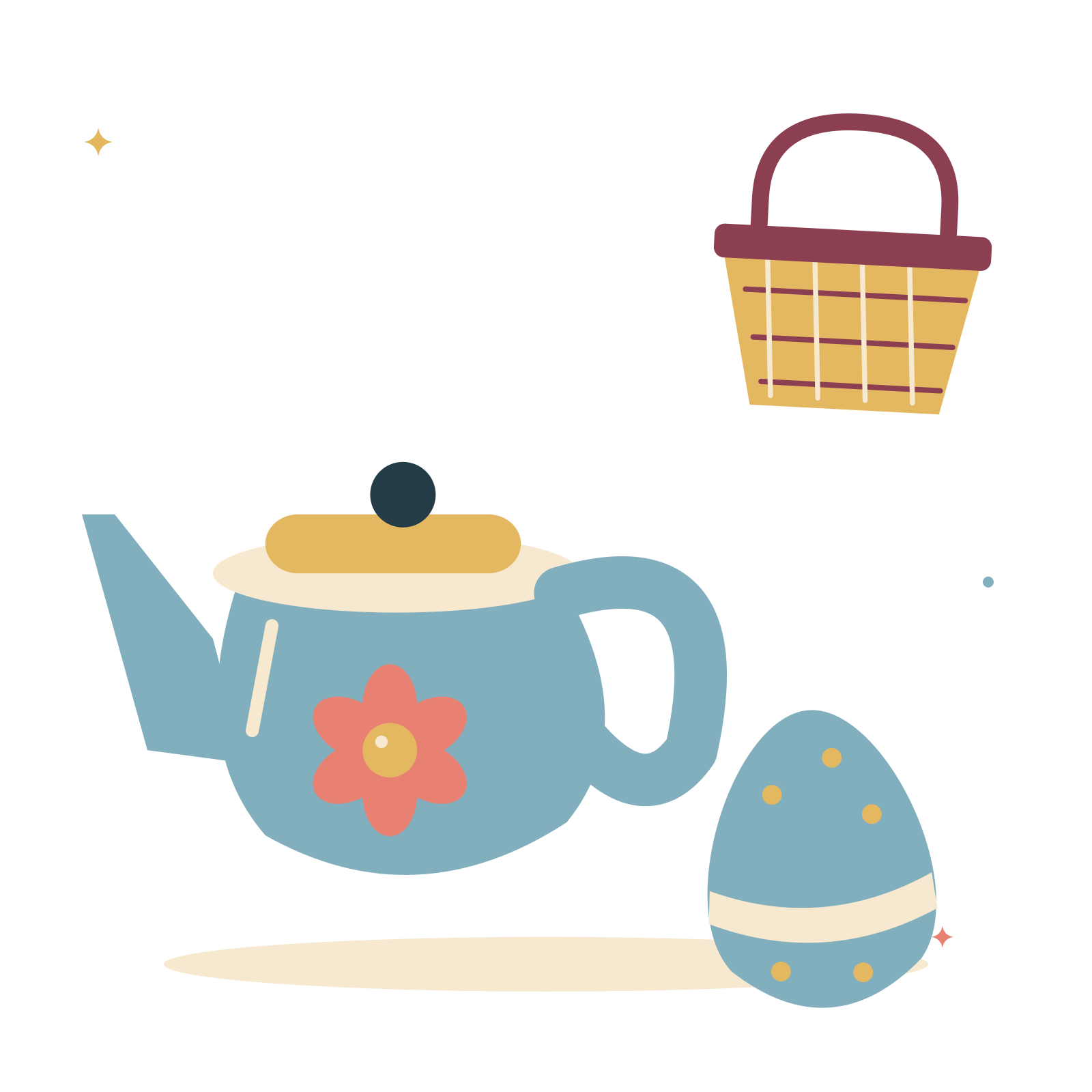 Easter breakfast with teapot and woven basket.
