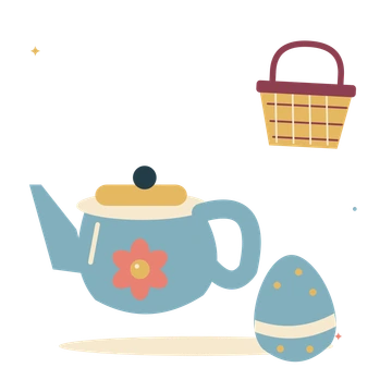 Easter breakfast with teapot and woven basket.