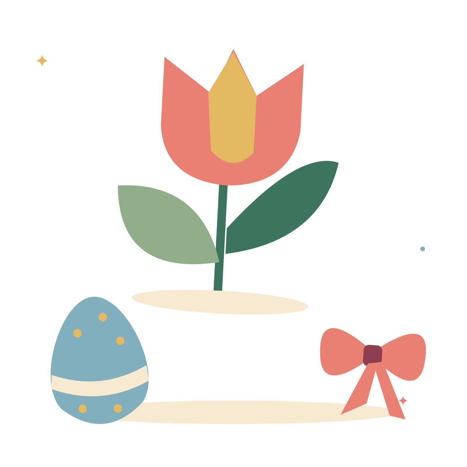Spring tulips with a decorated egg and ribbon.