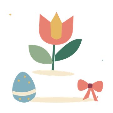 Spring tulips with a decorated egg and ribbon.