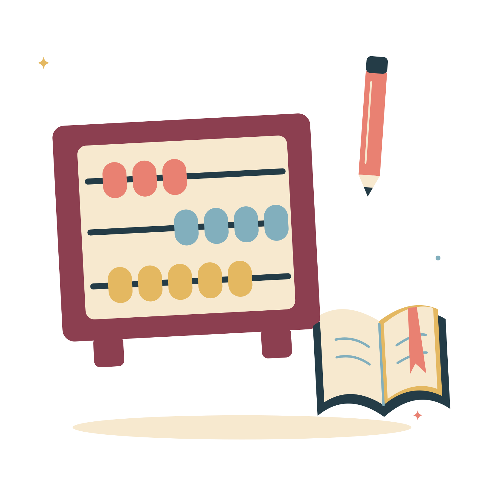 Counting lesson with abacus and a bright pencil.