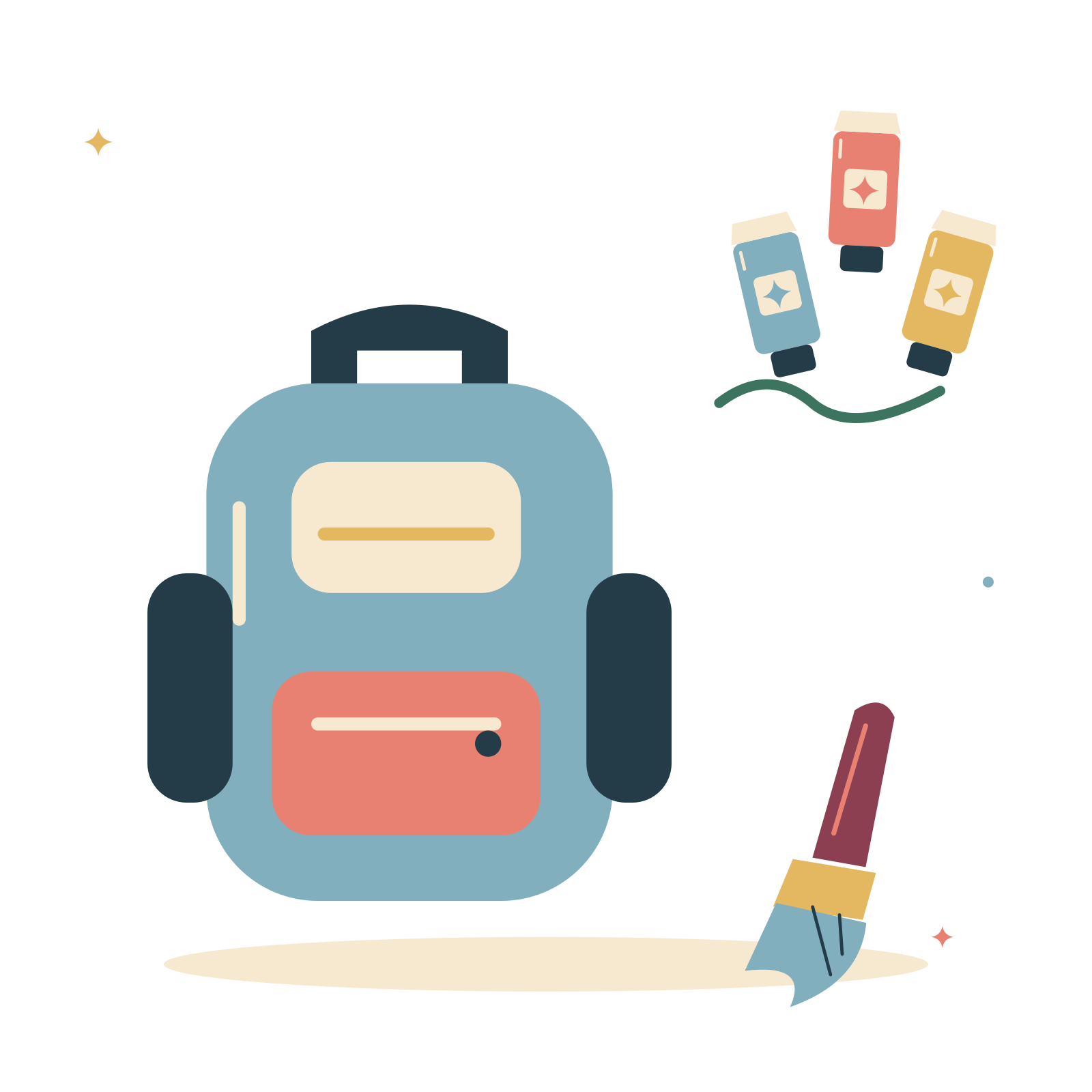 Art class with a backpack and colourful paint tubes.