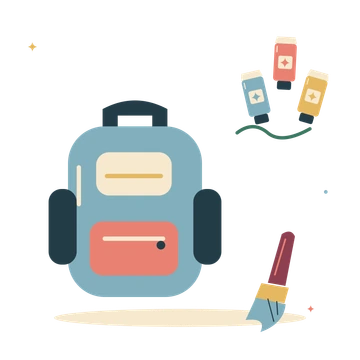 Art class with a backpack and colourful paint tubes.
