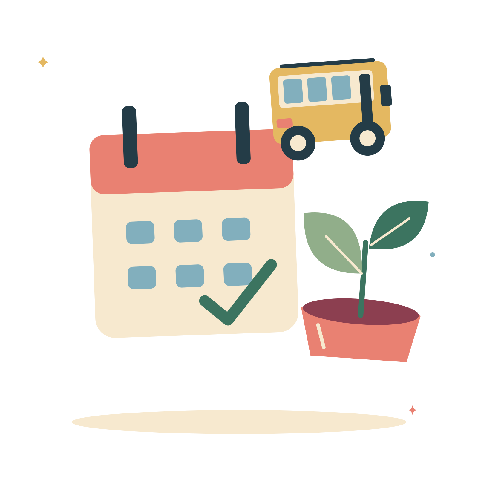 Classroom plans with a calendar and growing plant.