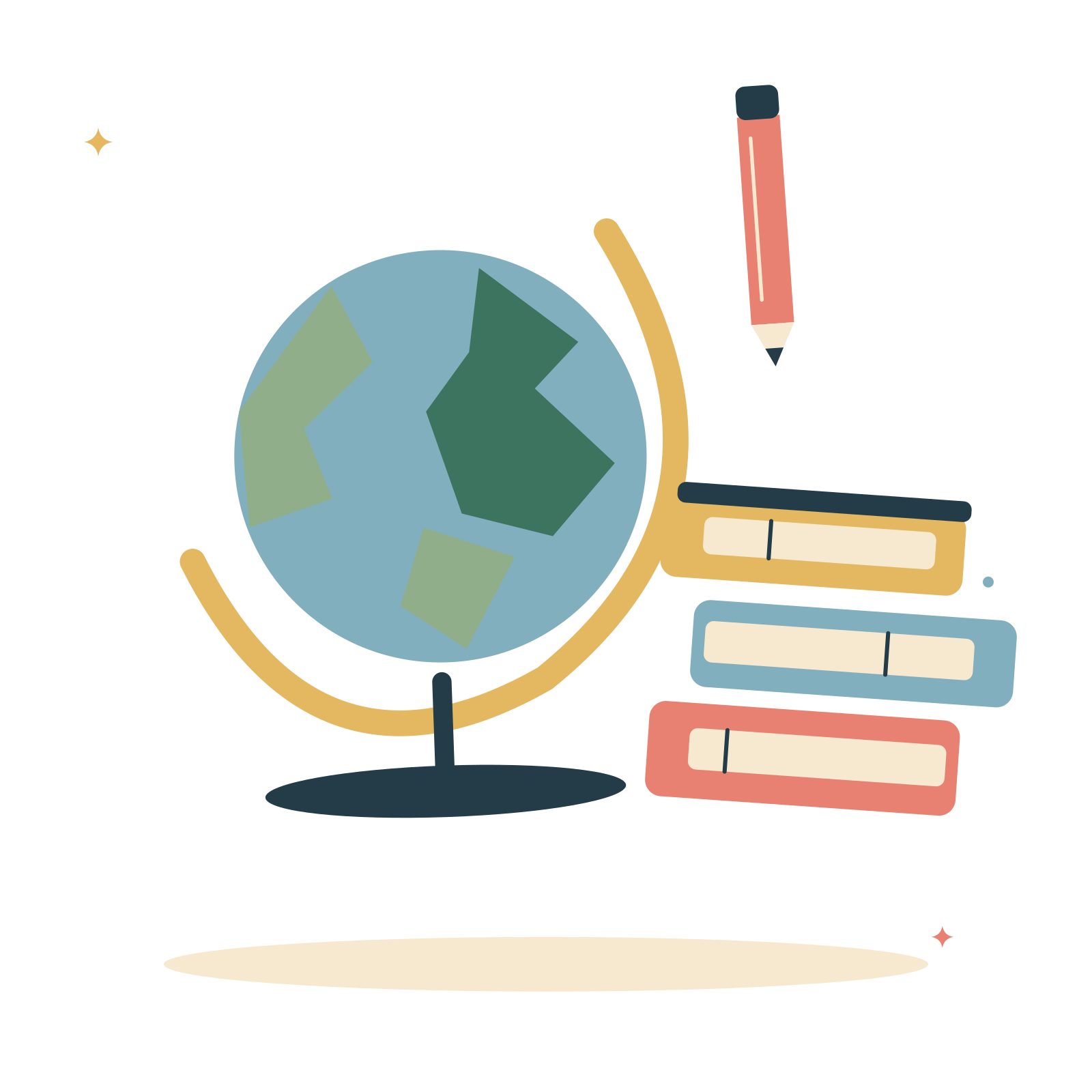 World learning with globe and classroom books.