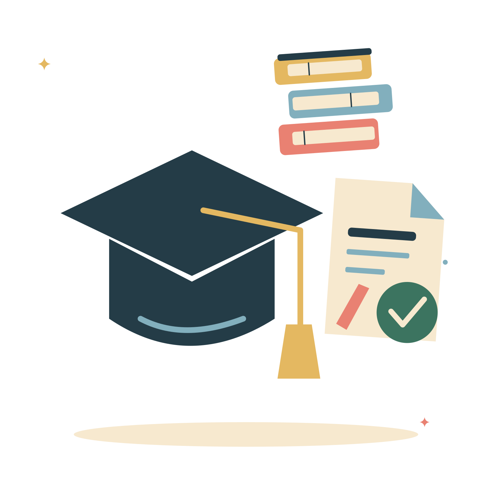 Graduation day with a diploma and books.