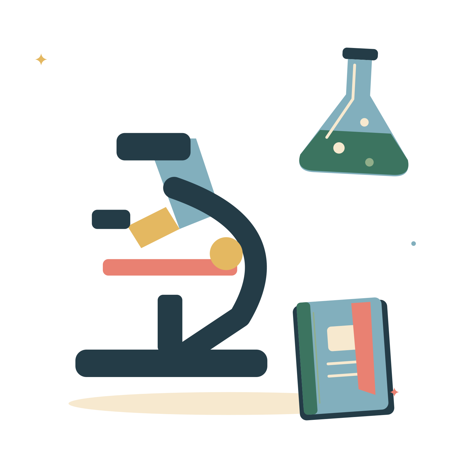 Science desk with microscope and chemistry flask.