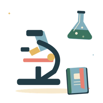 Science desk with microscope and chemistry flask.