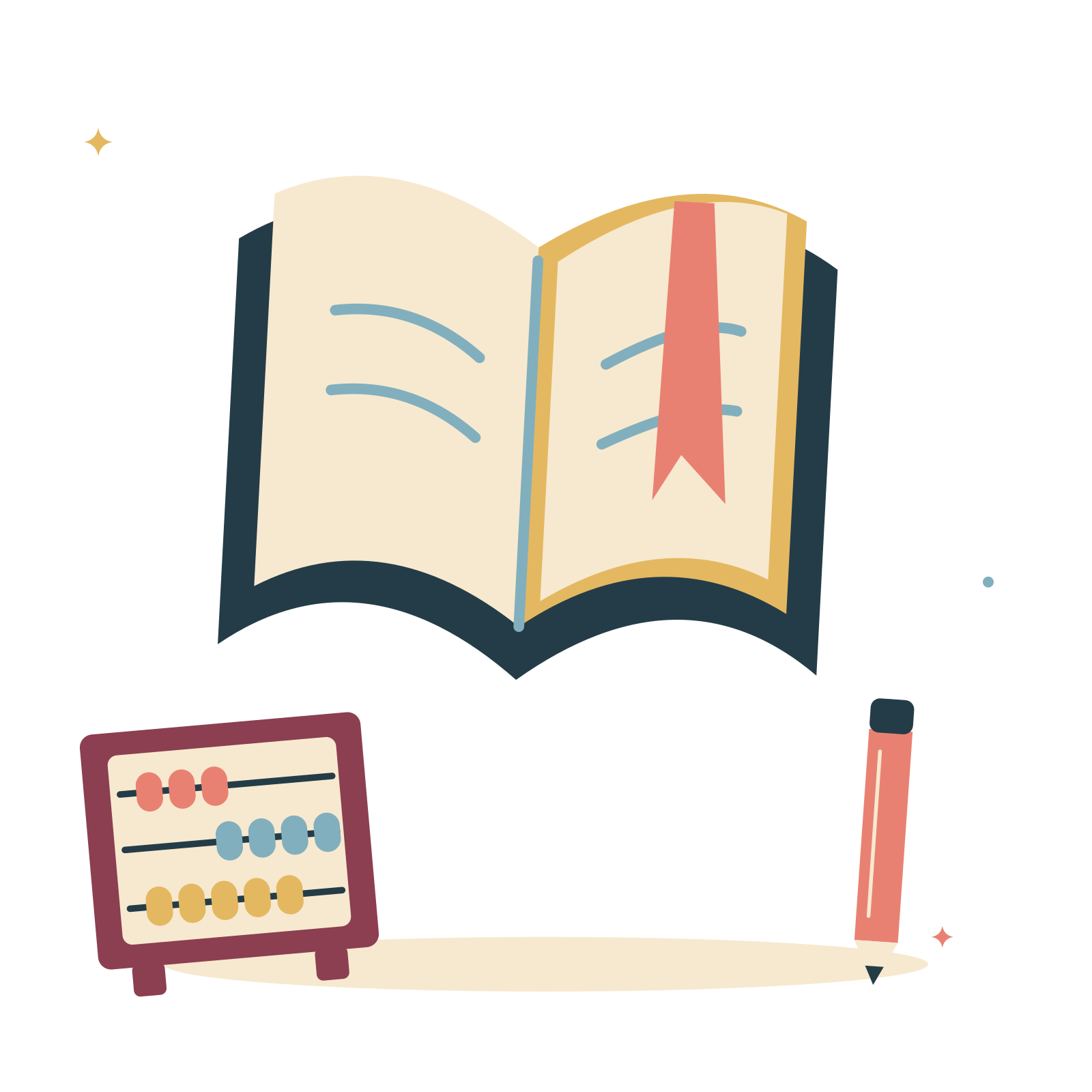 Reading lesson with an open book and abacus.