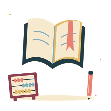 Reading lesson with an open book and abacus.
