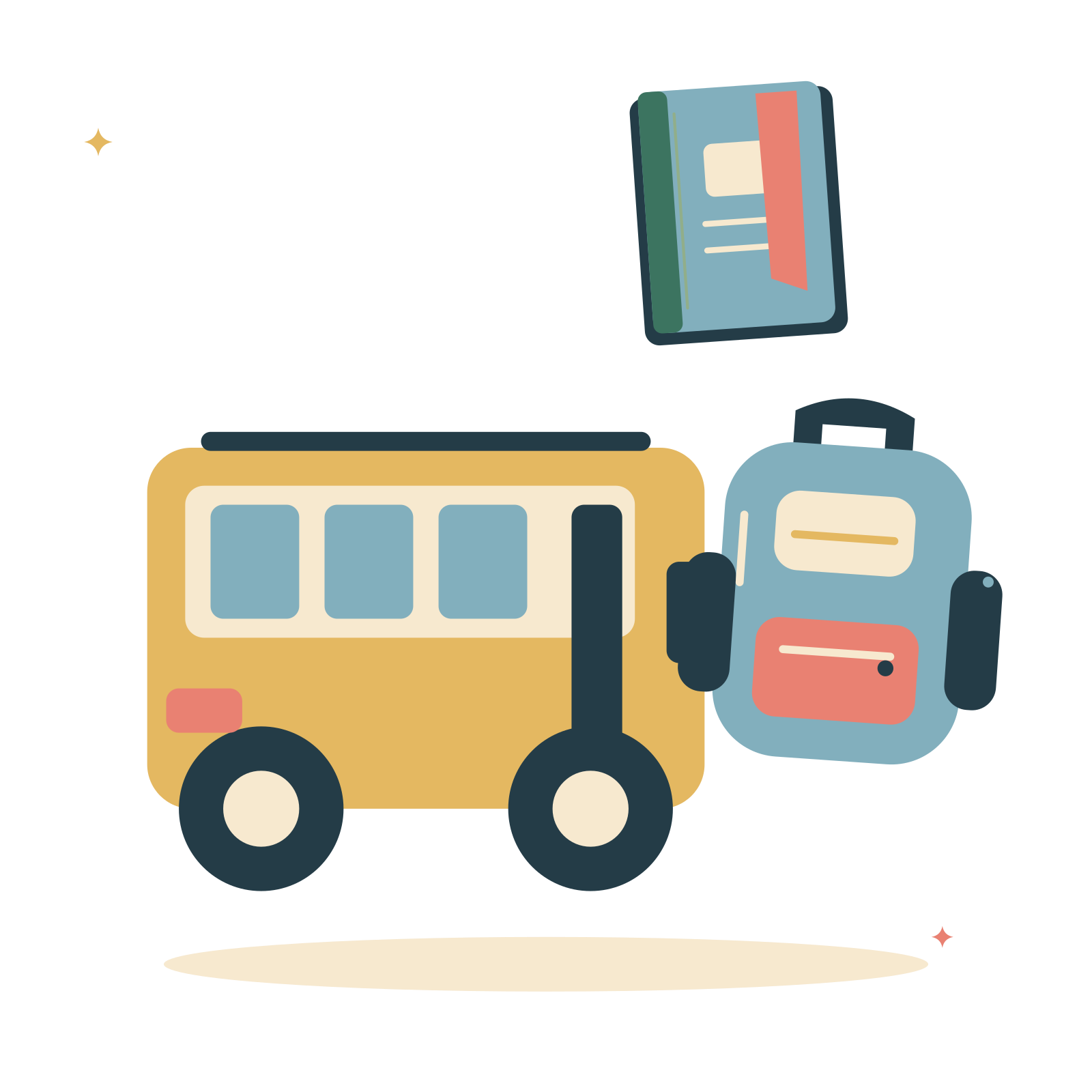 School morning with a school bus and backpack.