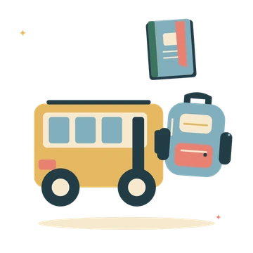 School morning with a school bus and backpack.
