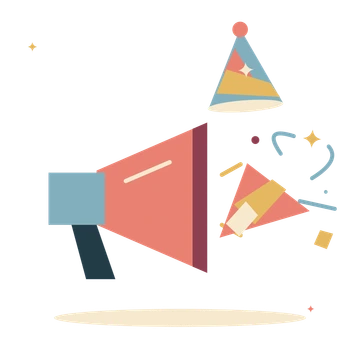 Party welcome with a megaphone and confetti.
