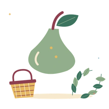 Fresh pear harvest with fruit basket and leaves.