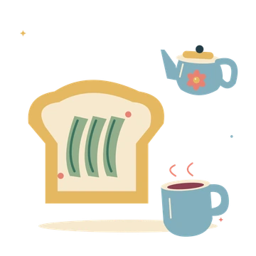 Breakfast table with avocado toast and teapot.