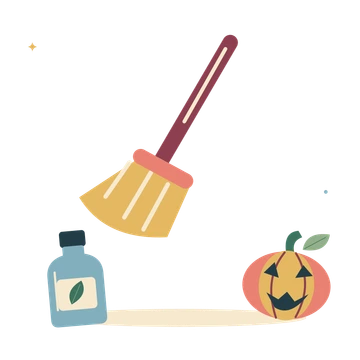 Witch broom with a potion bottle and pumpkin.