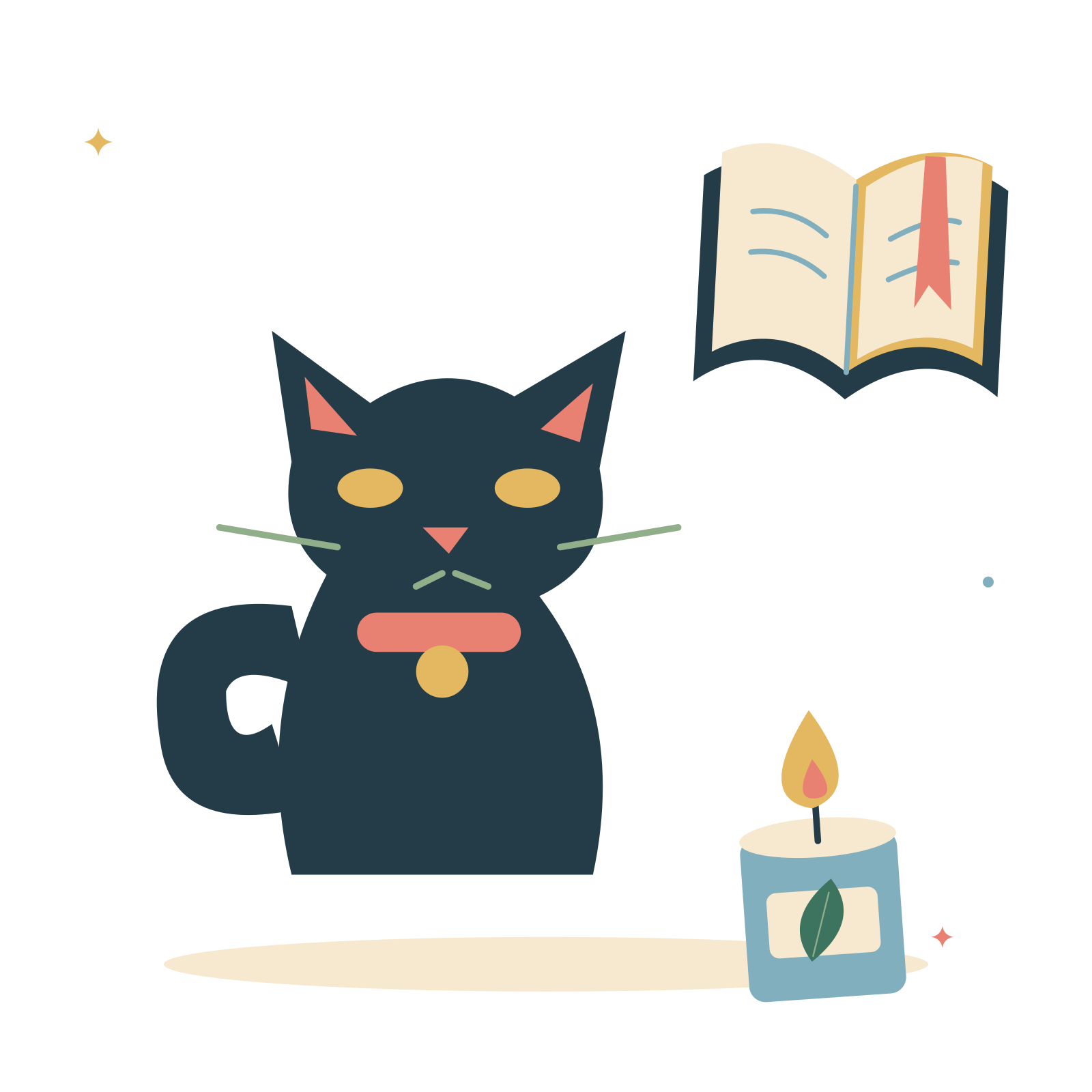 Haunted reading corner with cat and candle.