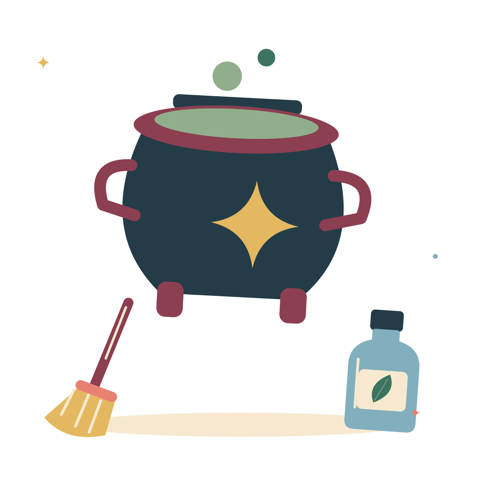 Magic potion with broom and cauldron.