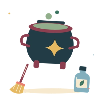 Magic potion with broom and cauldron.
