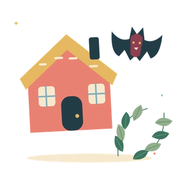 Moonlit cottage with bat and autumn leaves.