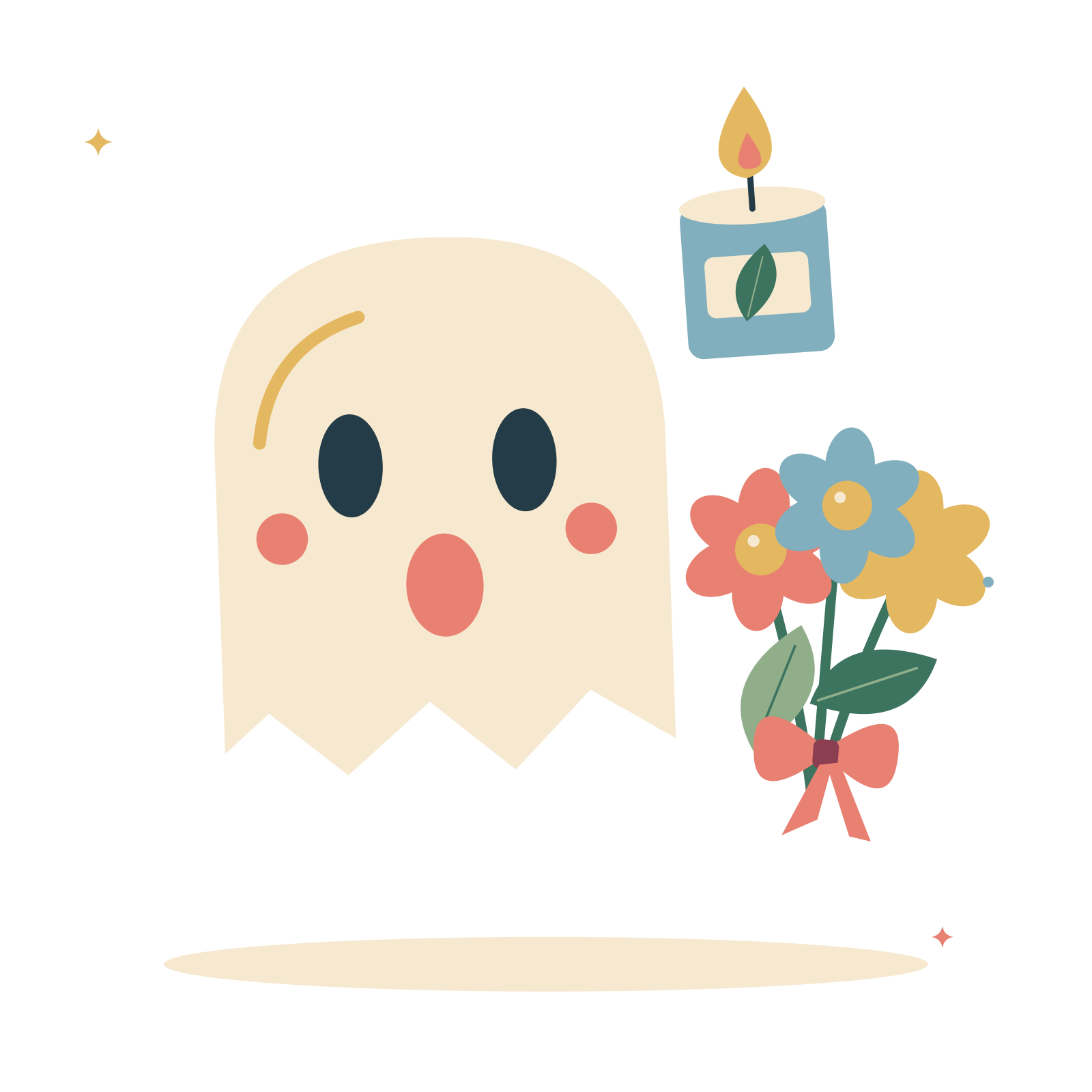 Little ghost with autumn flowers and a candle.