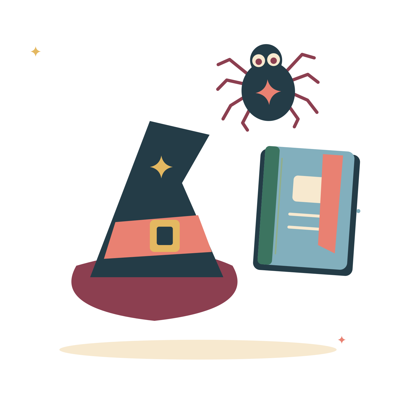 Witch hat with a spell book and little spider.