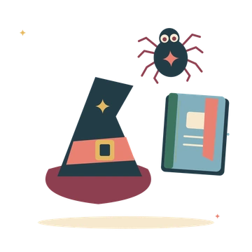 Witch hat with a spell book and little spider.