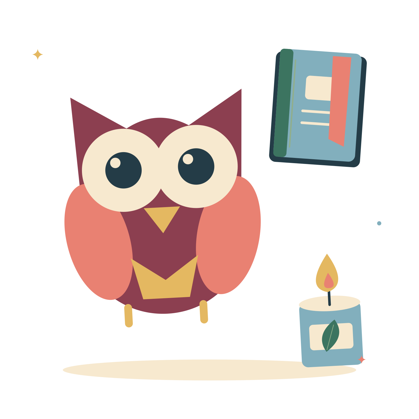 Midnight owl with a spell book and candle.