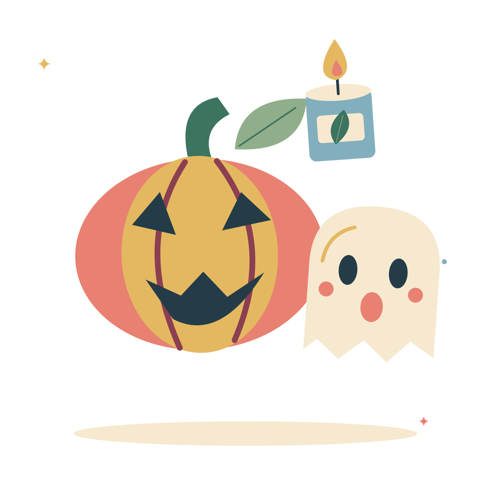 Pumpkin patch with a friendly ghost and lantern glow.