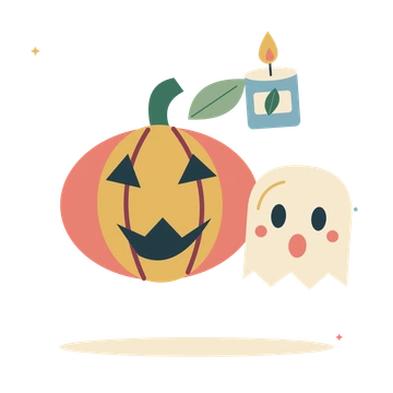Pumpkin patch with a friendly ghost and lantern glow.