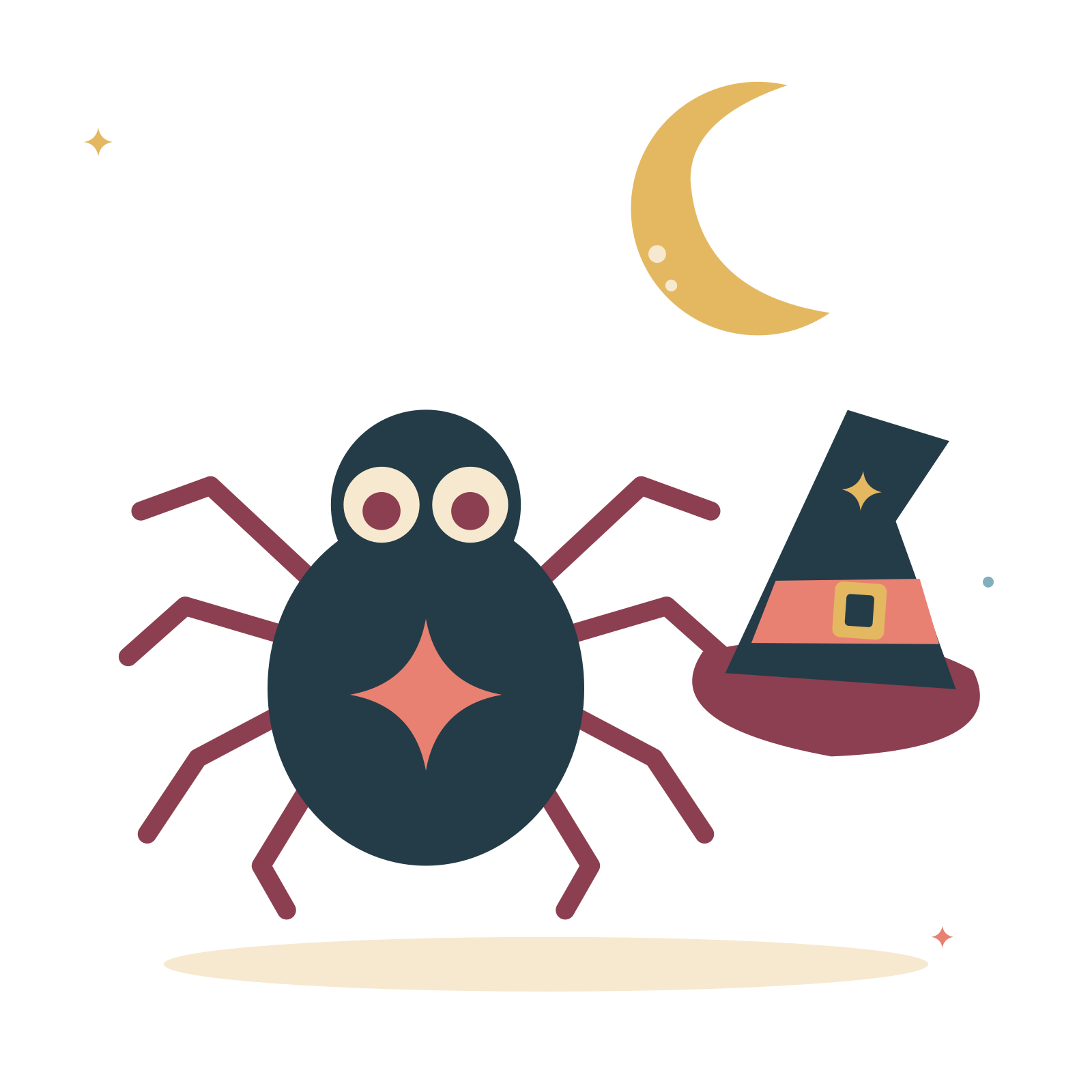 Little spider beside a witch hat and moon.