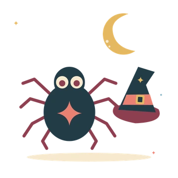 Little spider beside a witch hat and moon.
