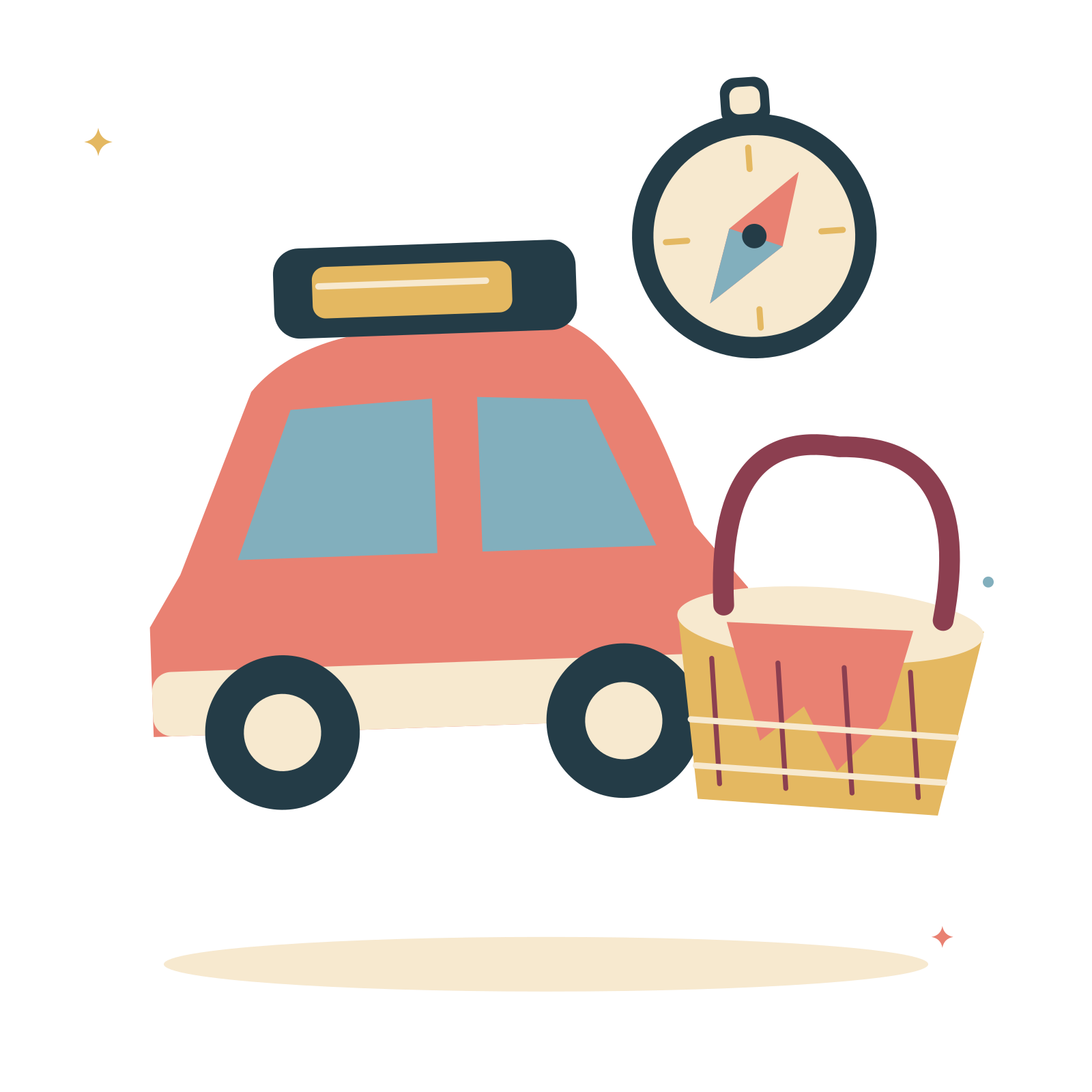 Holiday road trip with car and a picnic basket.