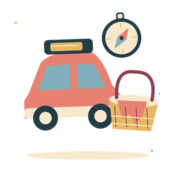 Holiday road trip with car and a picnic basket.