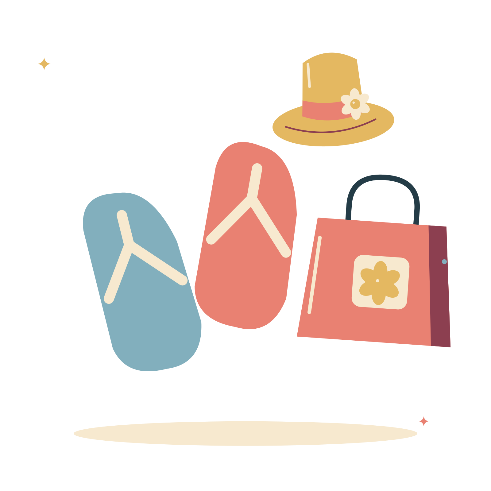 Beach day with flip flops and a sunny tote bag.