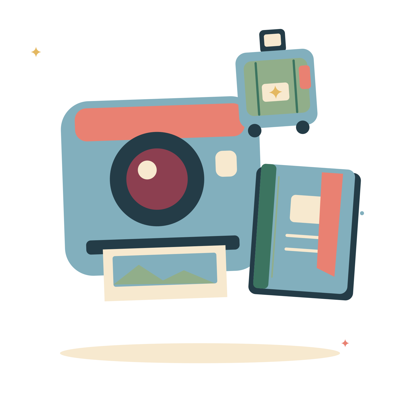 Holiday memories with camera and travel journal.