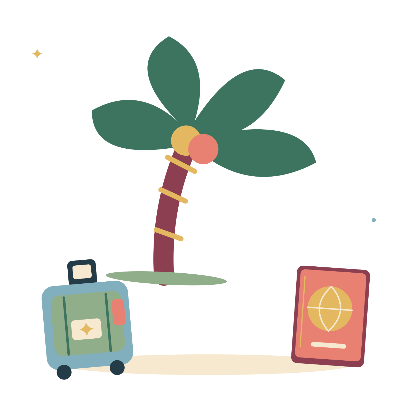 Tropical getaway with palm and little suitcase.