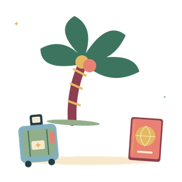 Tropical getaway with palm and little suitcase.