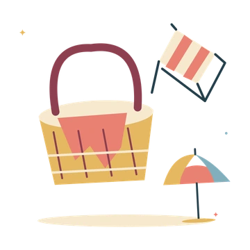 Summer picnic with basket and a striped beach chair.