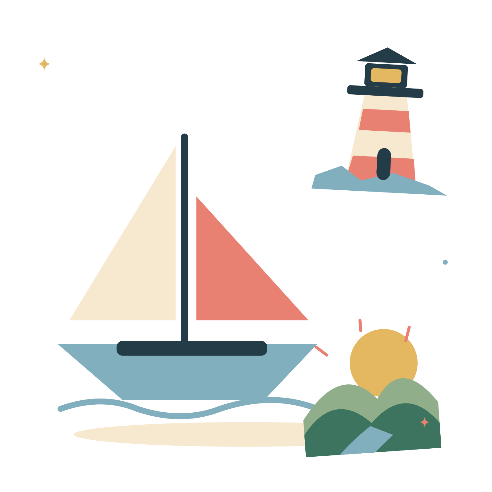 A quiet coastal break with a sailboat and lighthouse.